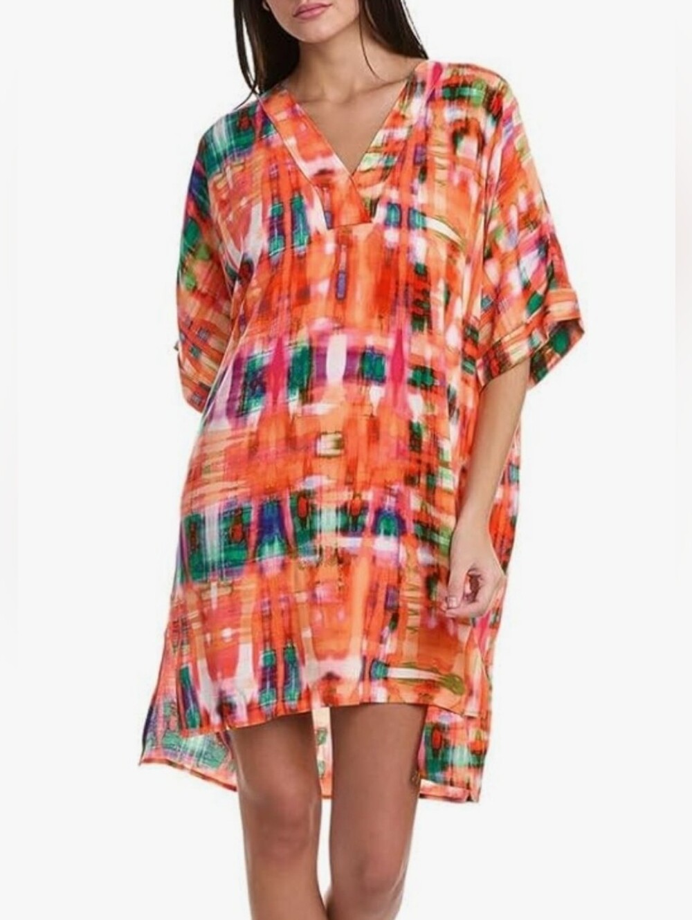 Natori Aurora Challis Orange Multicolor V-Neck Sleep Caftan Size XL